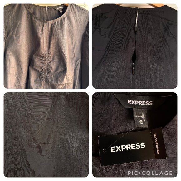 Express Black Textured Long Sleeve Top M Ruched Front Detail Keyhole Neck $60 - Picture 2 of 13